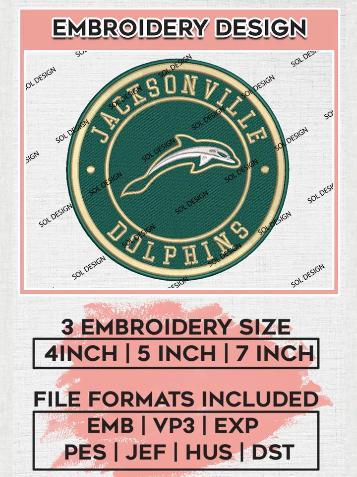 NCAA Jacksonville Dolphins Round Logo Embroidery, NCAA Jacksonville Dolphins Team Logo Embroidery files, NCAA Teams, Machine embroidery designs, Digital Download