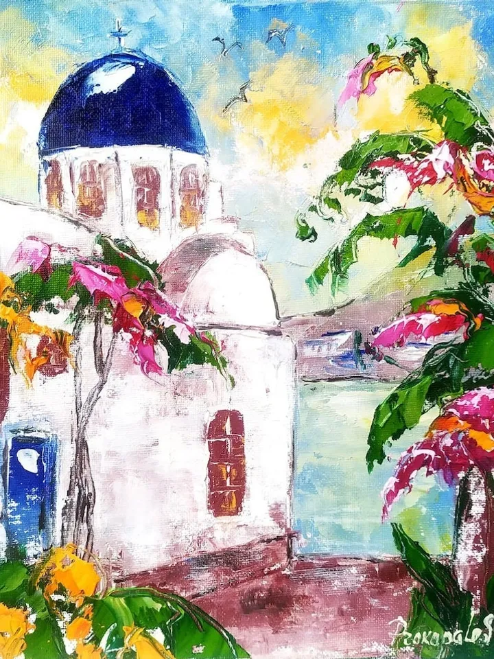 Santorini Painting Greece Original Art 12x10 Impasto Oil Painting Oia Greece Bougainville Wall Art Flower Artwork by ArtProkopaloSv