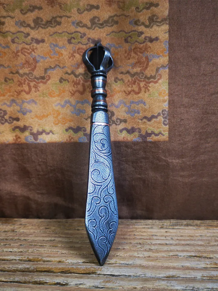 Gandhanra Tibetan Buddhist Ritual Implement ,Fire Vajra Sword of Manjushri,Made of Cold Iron inlaid with Copper