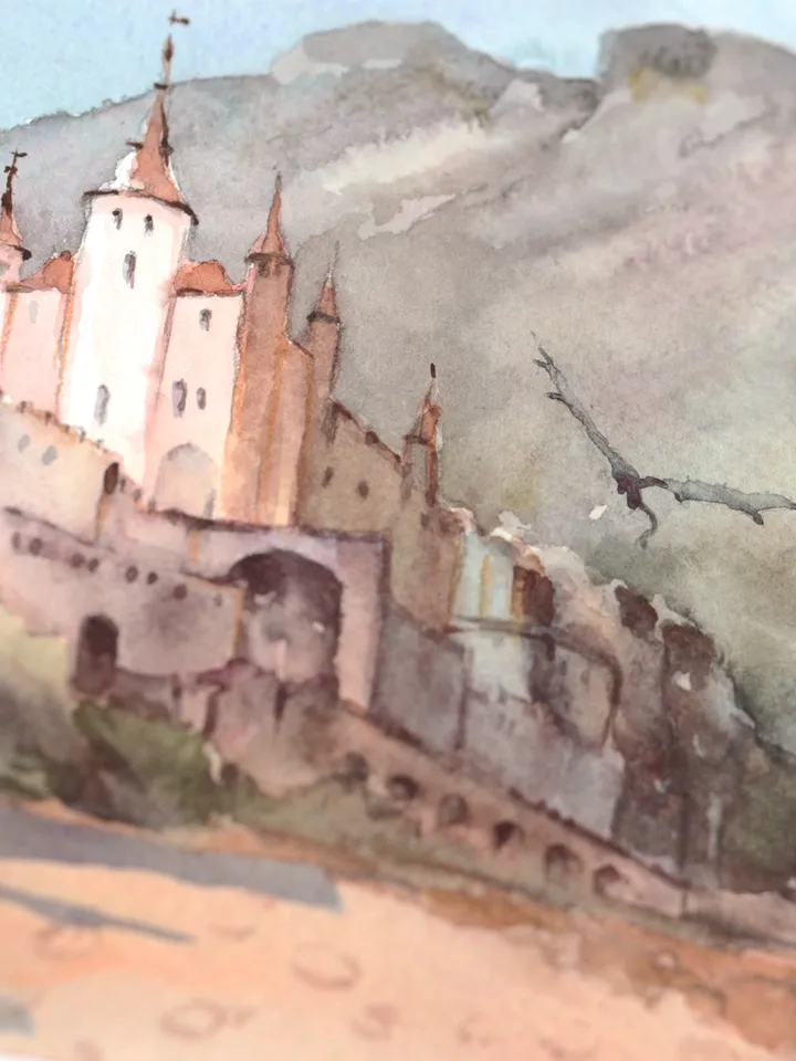 Fantasy castle of dragons Original painting by Yulia Evsyukova