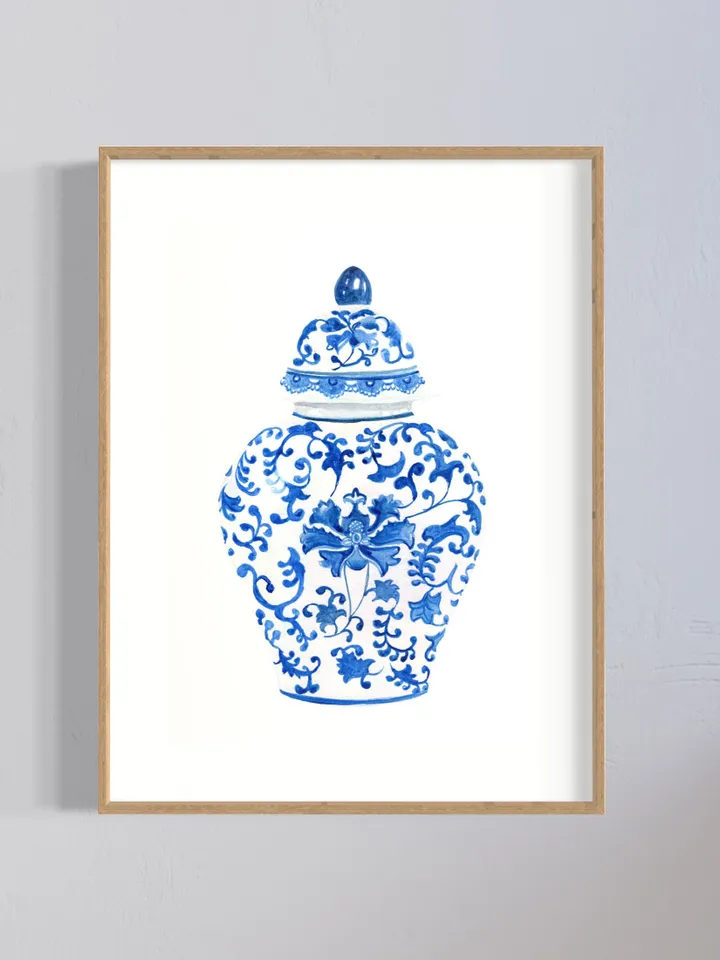 Chinoiserie Vase Watercolor Painting Blue And White Ginger Jar Art Vintage Chinoiserie Print Modern Wall Art Gifts For Her Living Room Print