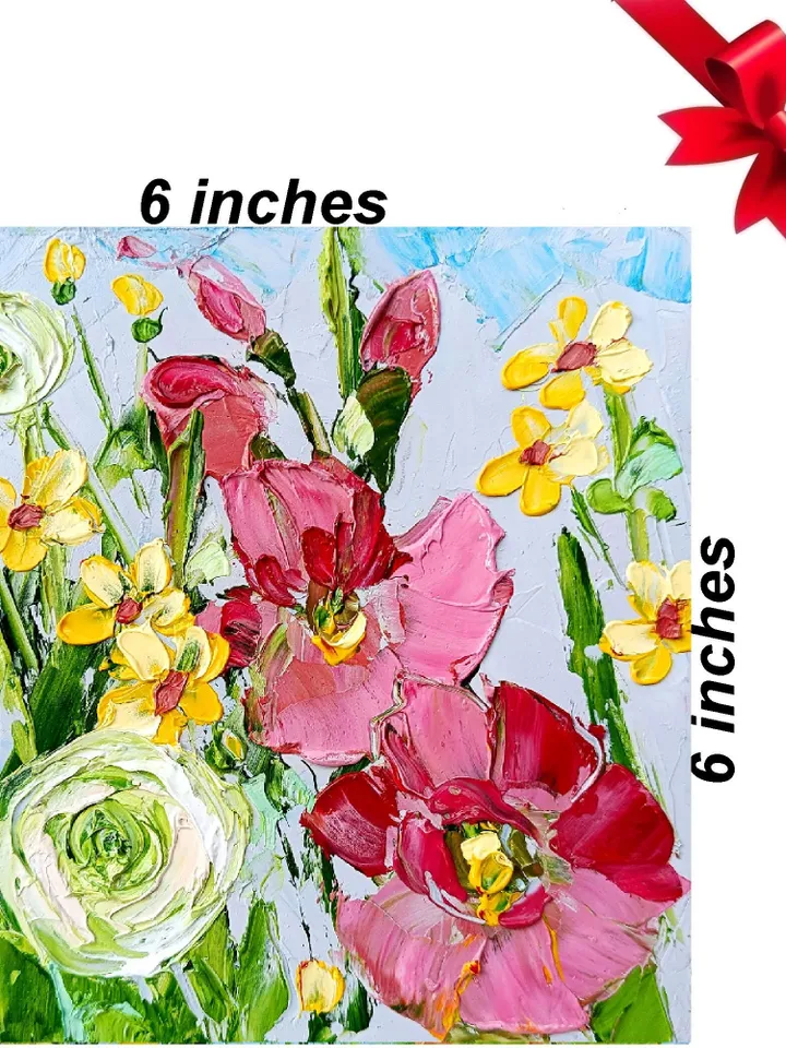 Wildflower Painting Mallow Daisy Original Art 6x6” Floral Gladiolus Buttercup Mini Landscape Art Small Unique Art Decor by ArtProkopaloSv