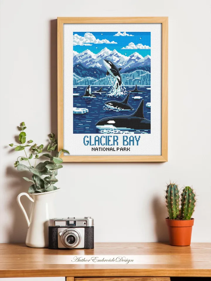 Glacier Bay National Park cross stitch pattern PDF download Killer whale cross stitch chart, Splashing Orcas in Alaska, Travel poster #L102