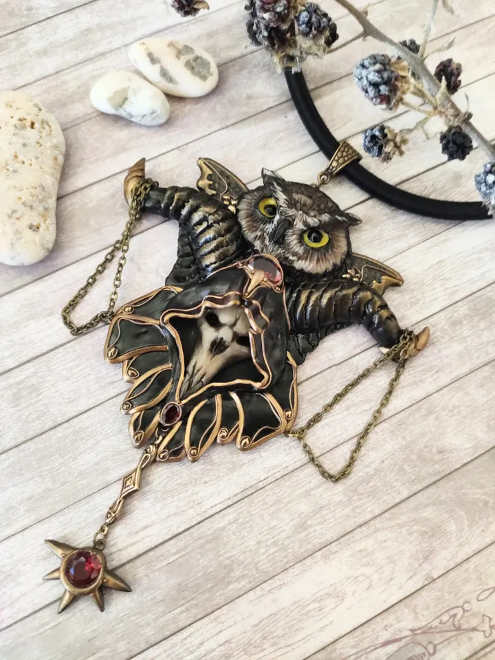 Art Necklace Wise Owl, Gothic necklace Owl,Sculptural necklace