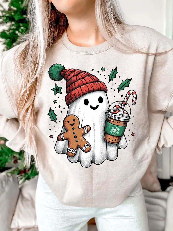 Vintage Christmas Ghost PNG for Retro Coffee Decor & Halloween Fun, Holiday PNG, Boojee Ghost - Spooky Holiday Decor, Christmas Trending Png