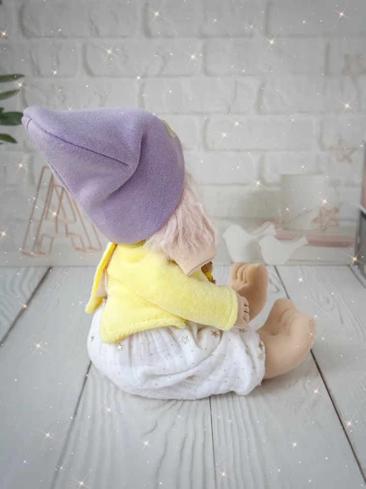 Lovey bunny toy. Handmade cute stuffed rabbit with clothes and carrot. Soft rag bunny doll for Easter gift.