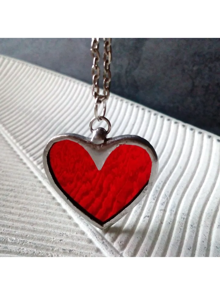 Red heart glass necklace, Love pendant, st Valentine scarlet heart necklace, kawaii pendant