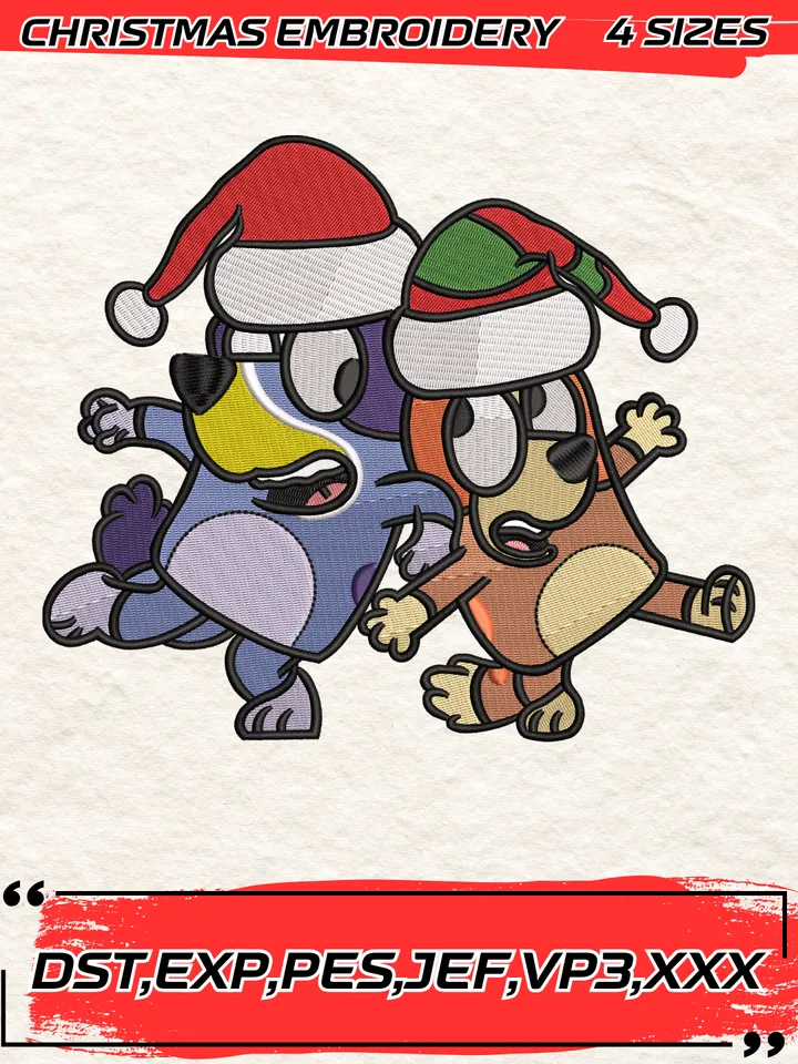 Bluey And Bingo Santa Hat Embroidery Design,Christmas Cartoon Funny Embroidery Digitizing Pes File,4 Sizes, Digital Download