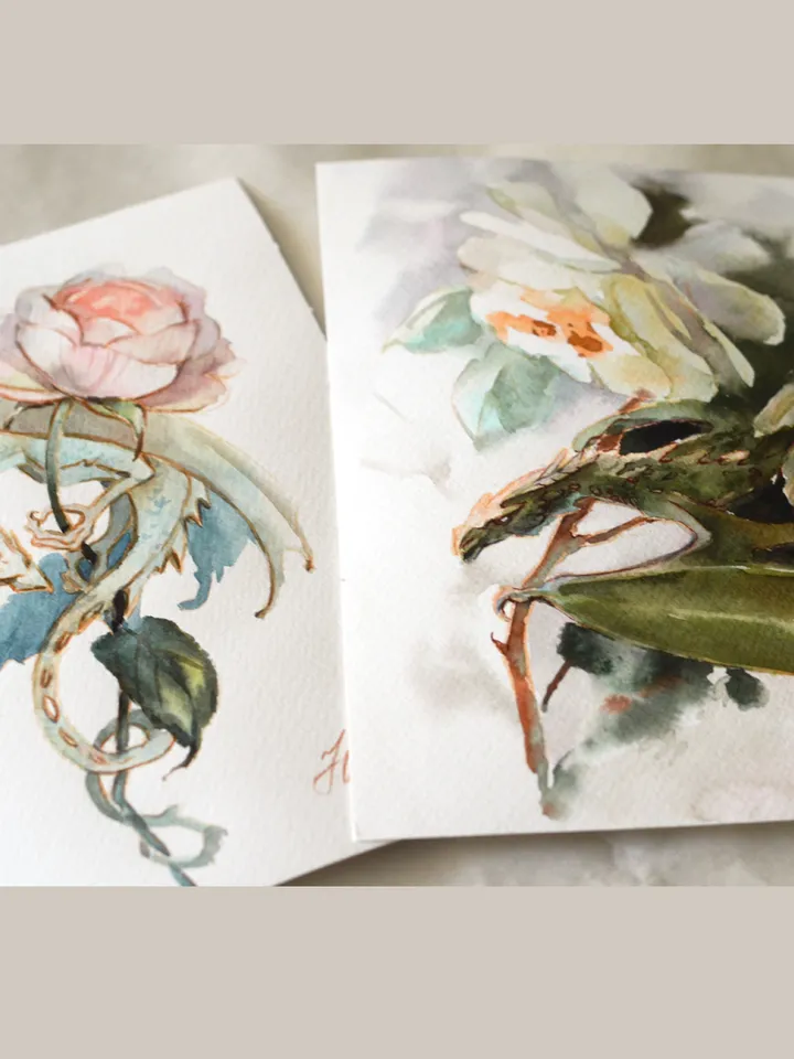 Rose dragon Watercolor painting Original fantasy art by Yulia Evsyukova