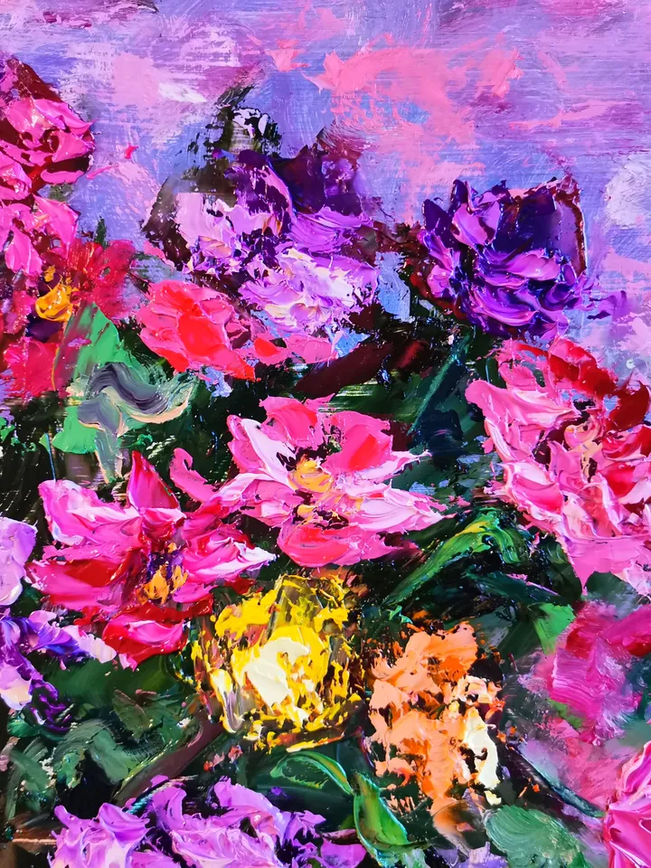 Bright Flowers Wine Oil Painting Original Impasto Artist Svinar Oksana