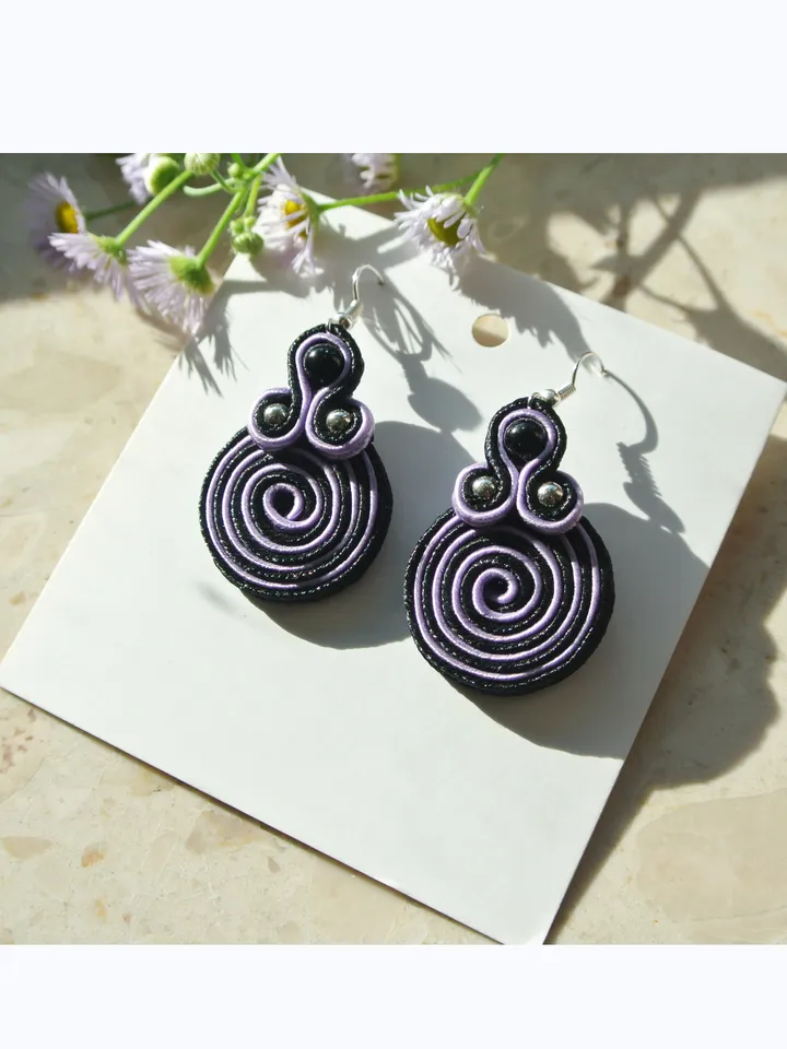 Black and purple Earrings, Embroidered soutache earrings, Boho earrings