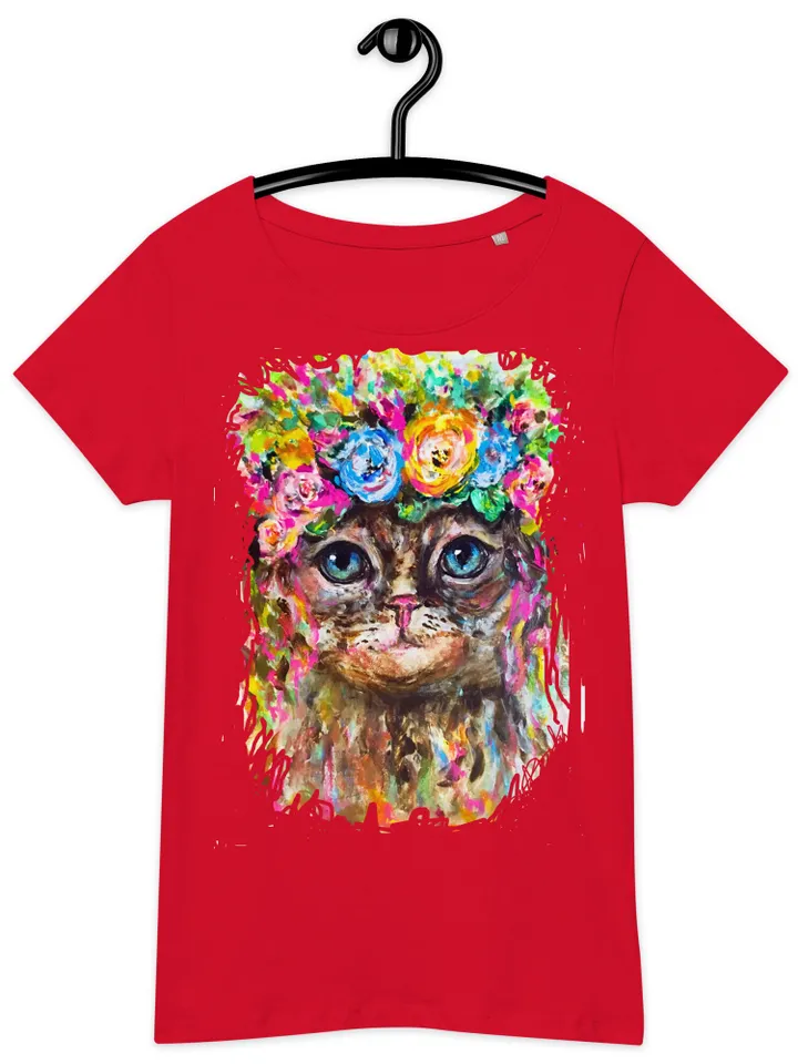 Flower cat Women’s basic organic t-shirt made with my original watercolour mix media artwork,one of a kind.