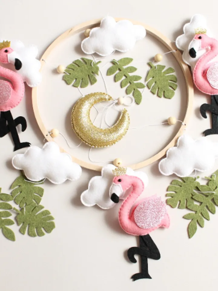 Handcrafted Flamingo and Safari Themed Felt Baby Mobile - Customizable Nursery Decor