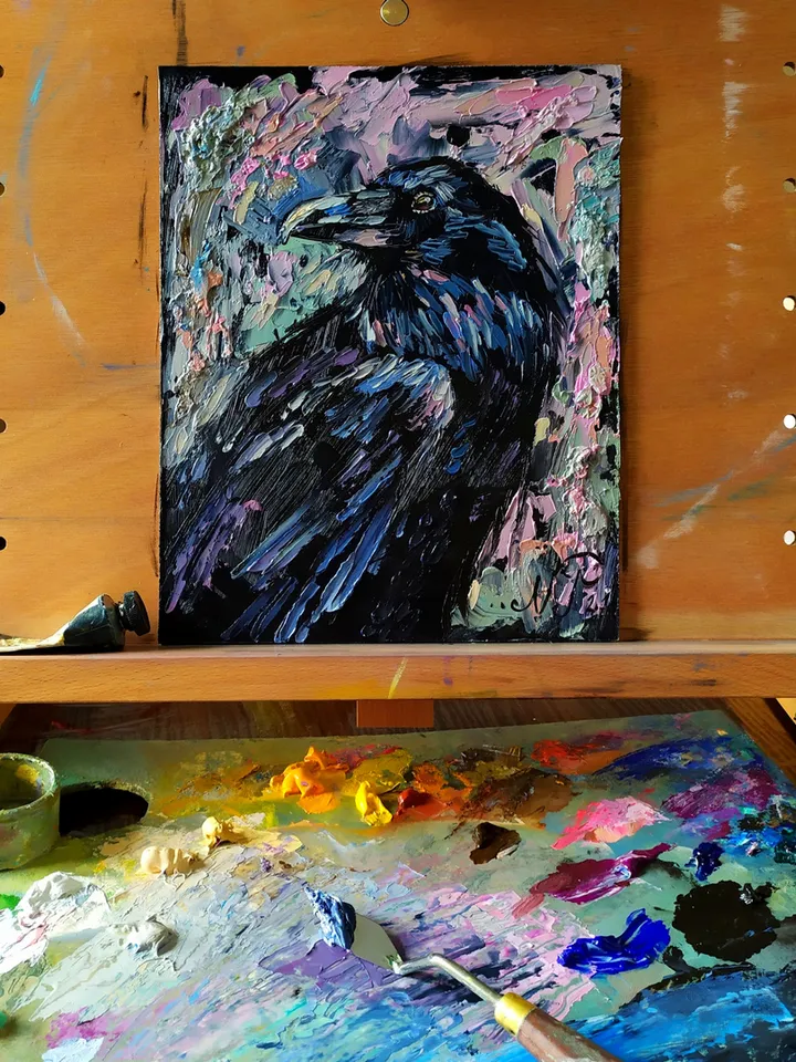 Raven Painting Bird original art 10 by 8 inches Black Crow Wall Art Crow artwork oil painting by Natalia Plotnikova