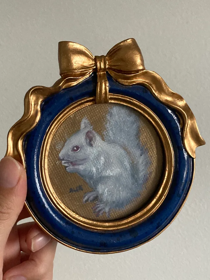 Framed Squirrel Oil Painting Original Albino Bird Art Dark Cottagecore Art Round Frame