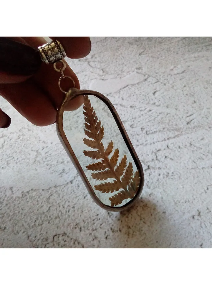 Valentine necklace, Stained glass necklace, pressed fern, Dry fern necklace, Terrarium pendaant