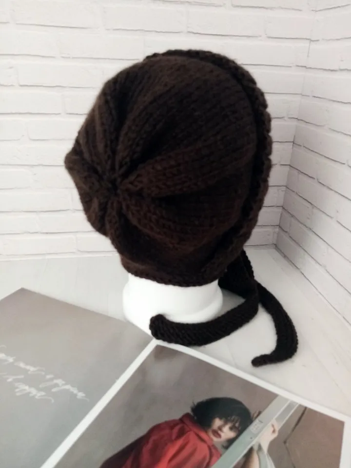 Warm Knitted Cap with Long Ties Handmade