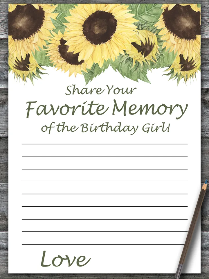 Sunflower Favorite Memory of the Birthday Girl,Adult Birthday party game printable-fun games for her-Instant download