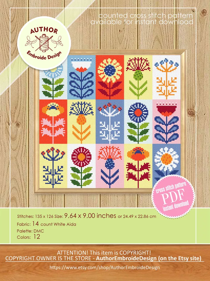 Folk flowers cross stitch pattern PDF download Scandinavian flower sampler, Patchwork cross stitch chart, Floral pattern digital PDF #P44