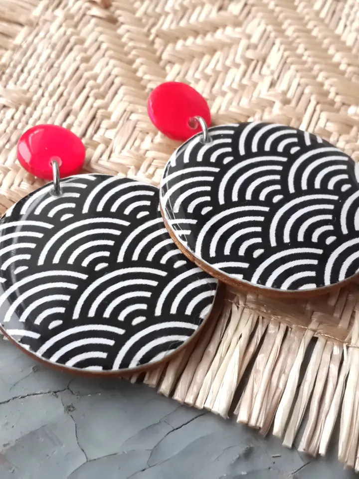 Japanese Wave Pattern Earrings, Round Wooden Earrings, Big Gipsy Earrings, Resin Statement Earrings