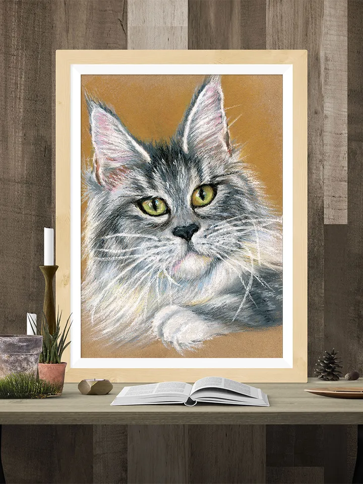 Print template, Maine Coon, Portrait of a grey cat, Animalistic , Digital file for printing and design, large poster