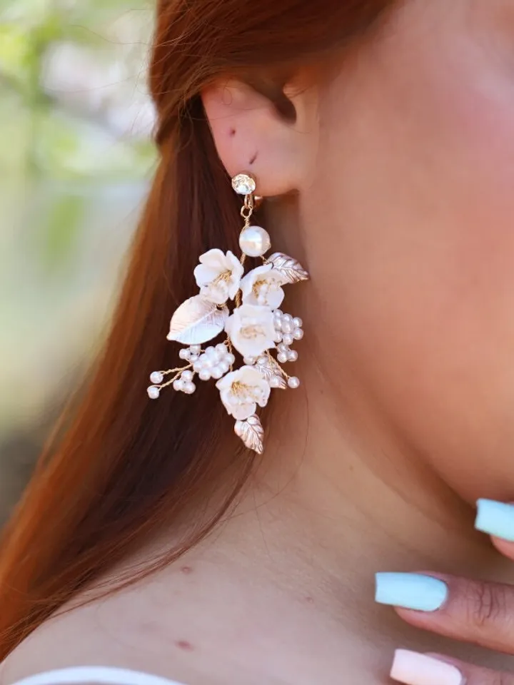 Porcelain Flower Wedding Earrings, Rose Gold Floral Statement Bridal Earrings, Pearl Boho Wedding Earrings, Statement Wedding Jewelry Set,
