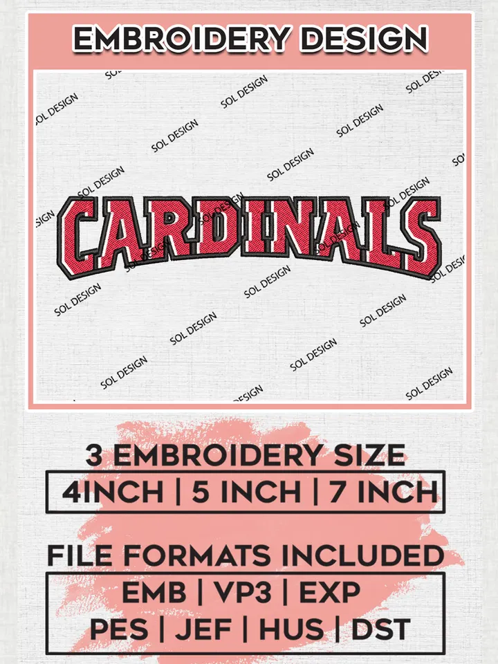 NCAA Cardinals Football Team Word Logo Embroidery Design Files, NCAA Lamar Cardinals Machine Embroidery, NCAA Teams, 3 sizes, NCAA Machine embroidery designs, Digital Download