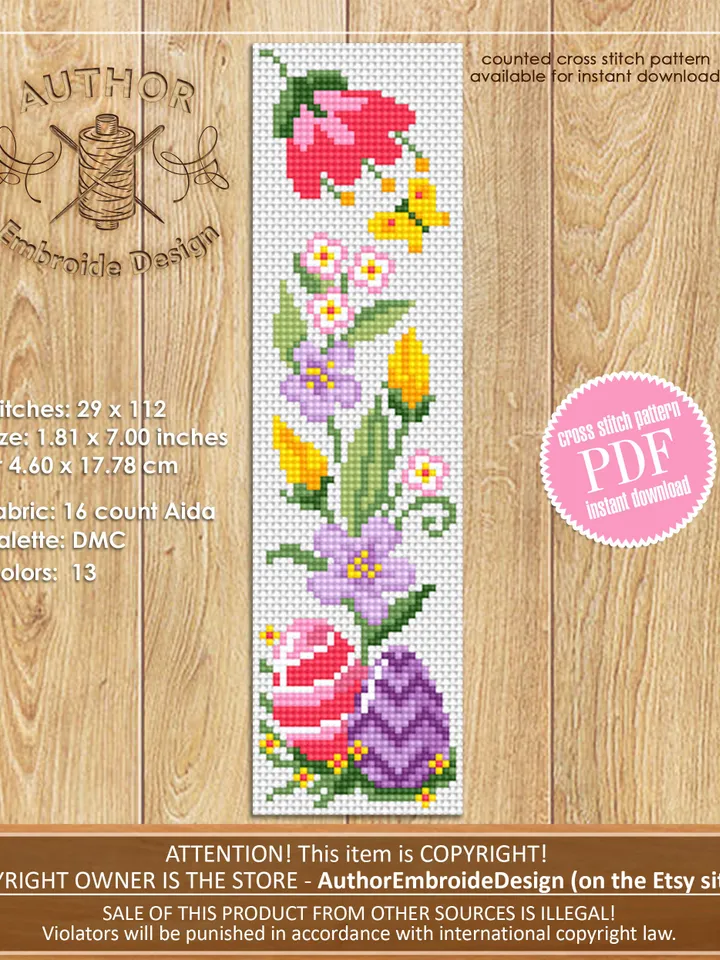 Easter bookmark cross stitch pattern PDF download Easter eggs cross stitch chart, Flower Bookmark pattern digital PDF, Pastel bookmark #B209