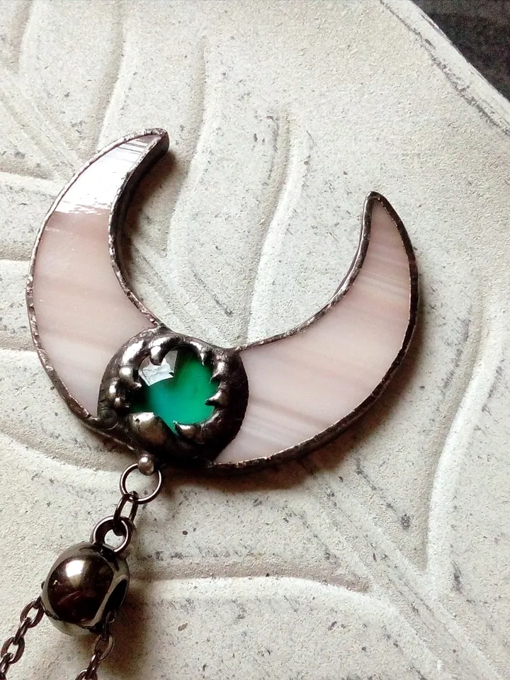 Stained glass moon, Mood stone crescent, Moon phase necklace, Stainglass crescent, Full moon