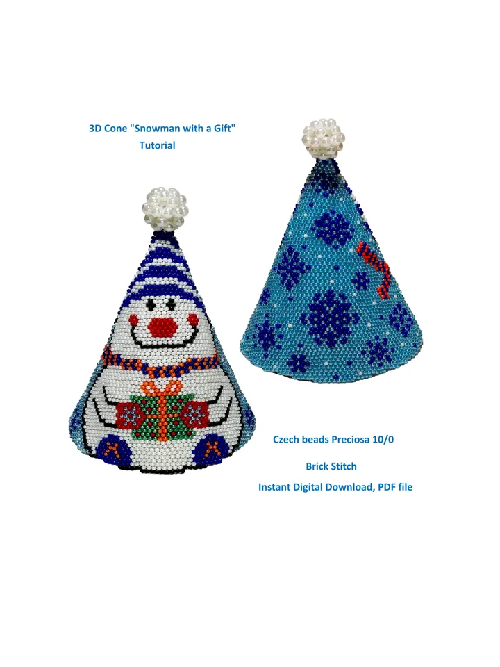 Tutorial 3D Cone "Snowman with a Gift", Brick Stitch, Czech beads Preciosa 10/0, Home decor, Christmas tree toy, Instant Download, PDF file