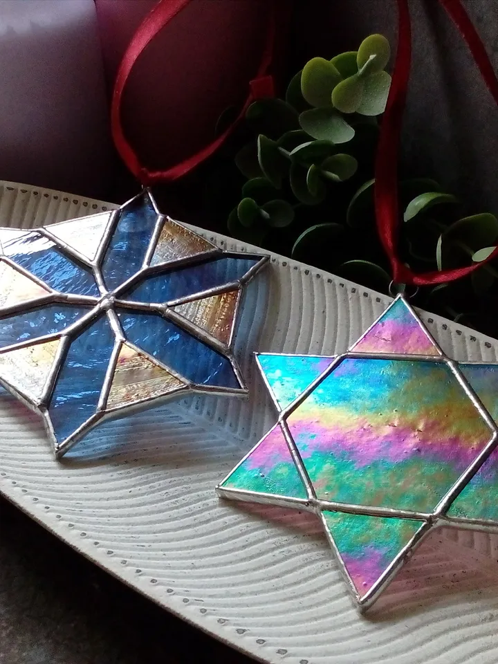 Set of 2 snowflake suncatchers, christmas ornaments, simple stained glass, Christmas decorations, Xmas tree star