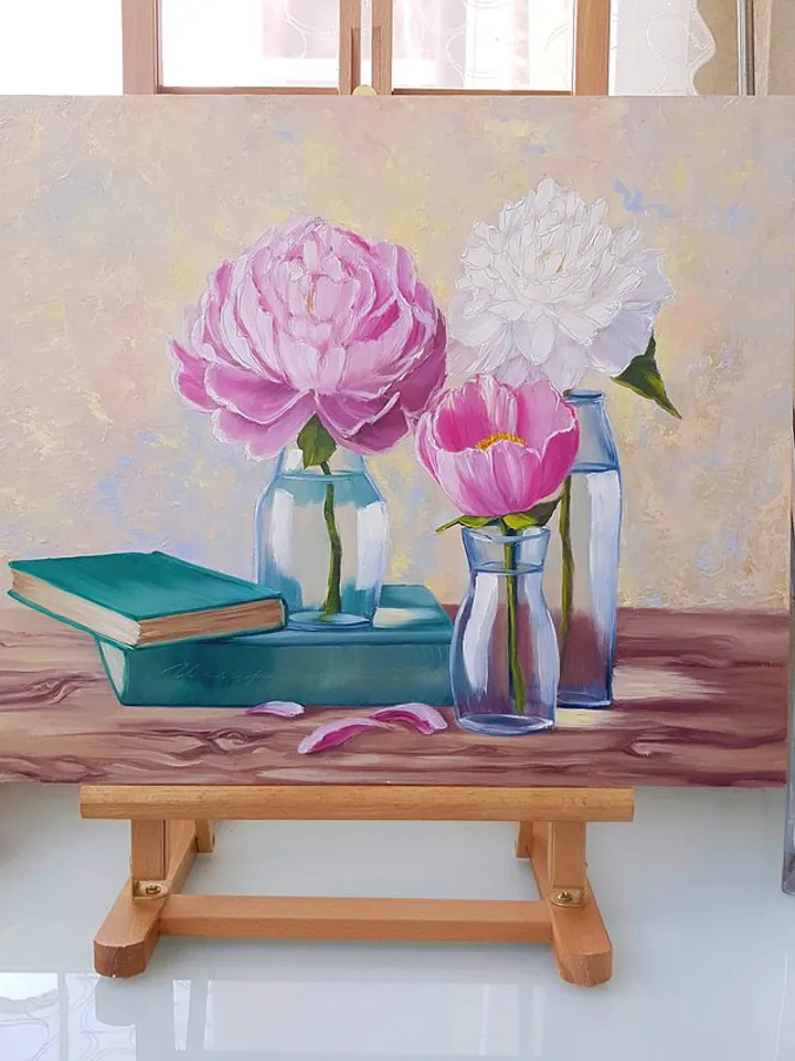 Books Painting Peony Original Art Flowers in Vase Still Life Art Oil Painting