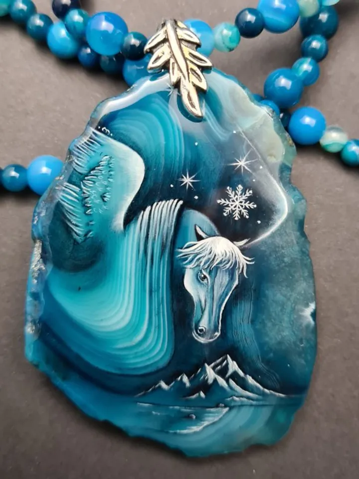 Snow horse necklace Jewelry Hand painted on blue agate miniature painting