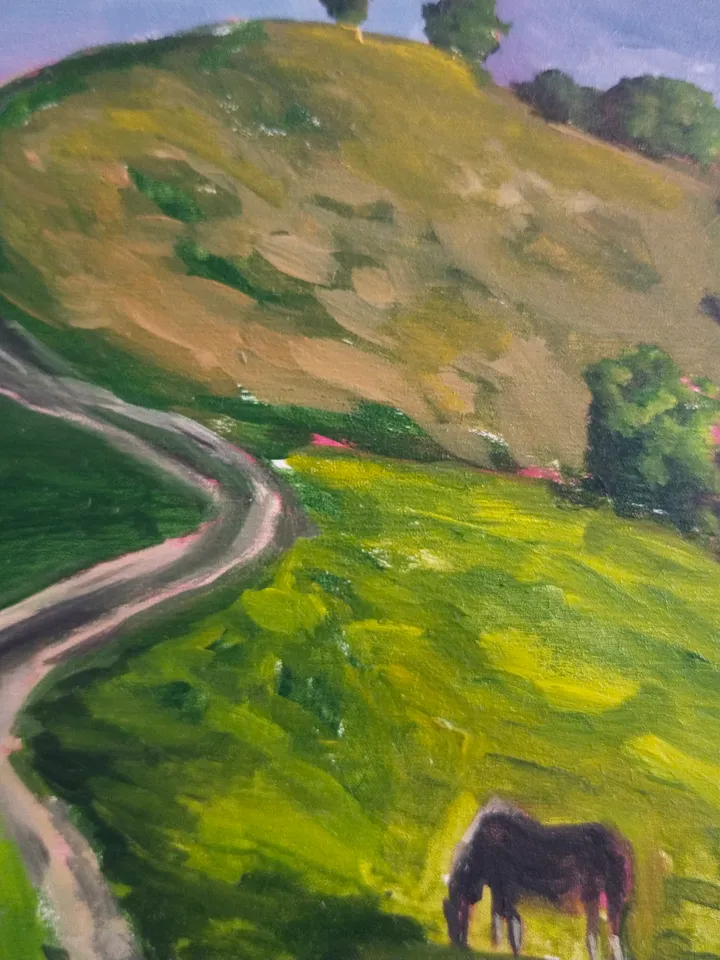 Landscape oil painting Green hills with horse Wallart on panel