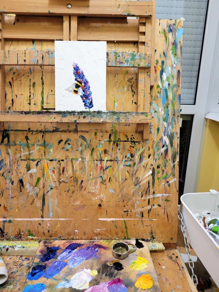 Bumble Bee Painting Lavender Flower Painting Bee Original Art Impasto Oil Painting 5x7 Honey Bee Artwork Floral Wall Art Small Painting by ArtFromVictoria