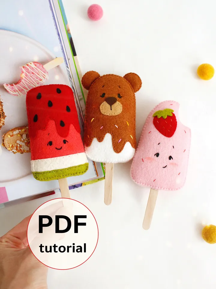 Felt ice cream popsicles hand sewing PDF tutorial with patterns. Pretend play food pattern. Montessori soft kitchen toys