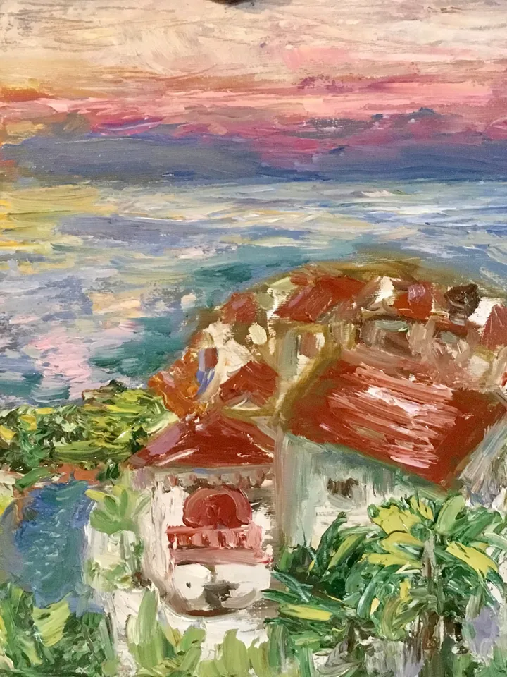 Canarian islands landscape painting,original oil impasto style canvas painting,seascape wall art,beautiful sunset painting