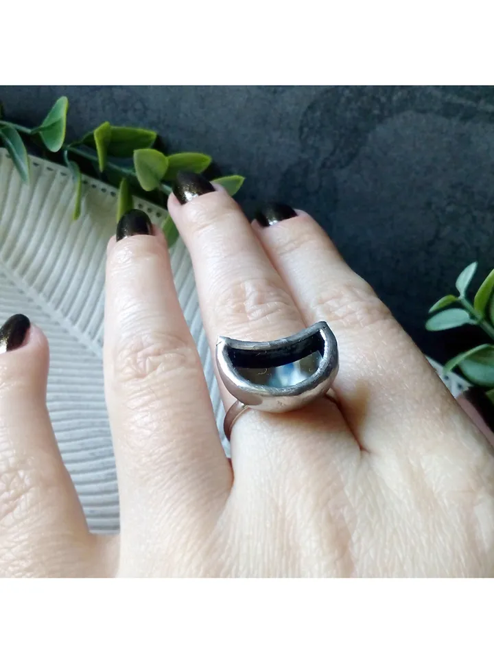 Mirror crescent ring, moon ring, stained glass ring, protection ring, Halloween ring, witchy aesthetic, soldered ring