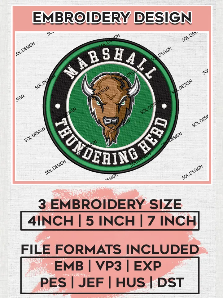 NCAA Marshall Thundering Herd Round Logo Embroidery, NCAA Marshall Thundering Herd Logo Embroidery files, NCAA Teams, Machine embroidery designs, Digital Download