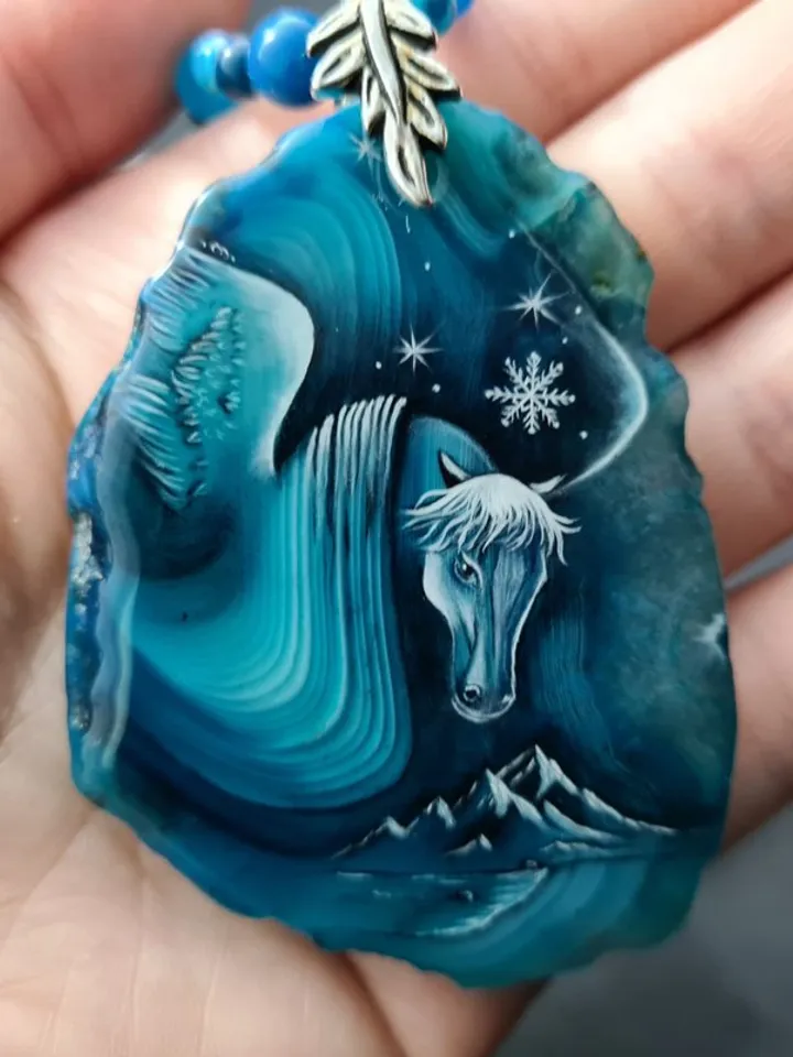 Snow horse necklace Jewelry Hand painted on blue agate miniature painting