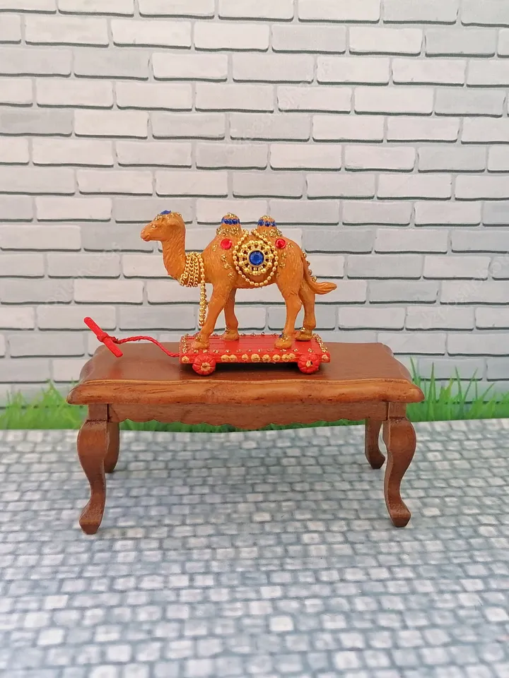 Camel on a cart.Dollhouse miniature.Doll toy.Puppet miniature. 1:12 scale.