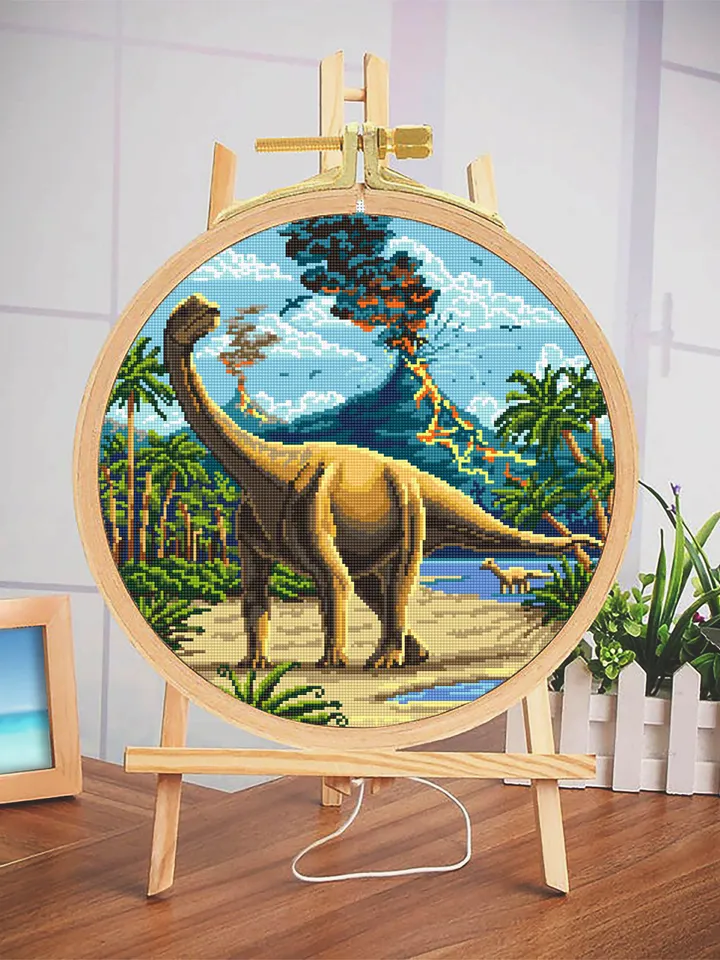 Dinosaur cross stitch pattern download PDF, Ancient animal cross stitch chart, Nature landscape cross stitch, Dinosaur world embroidery #D1