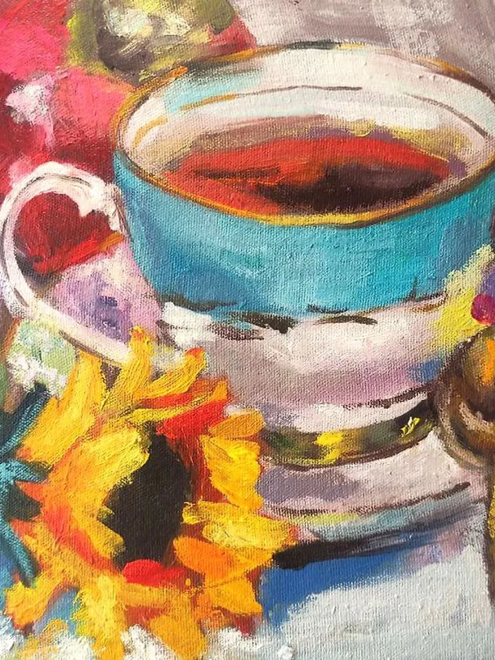 Teacup Oil Painting Sunflower Artwork Tea Painting 20 by 20 cm Floral Wall Art