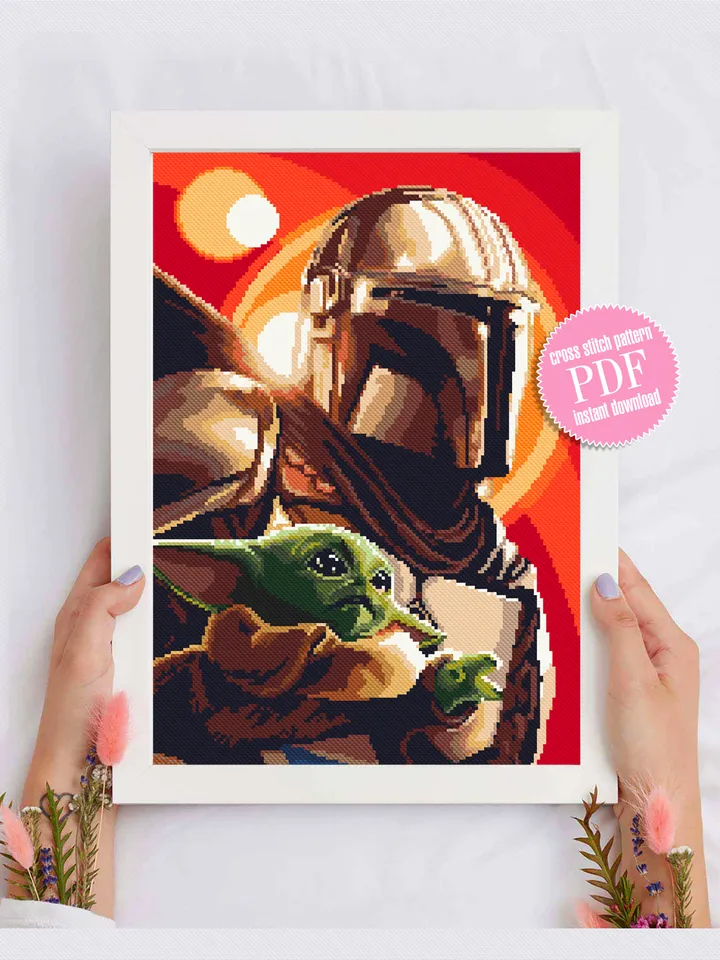 Mando and baby yoda cross stitch pattern PDF download, Star Wars Movie heroes Mandalorian cross stitch chart, Fantastic galaxy pattern digital PDF Grogu embroidery #SW3