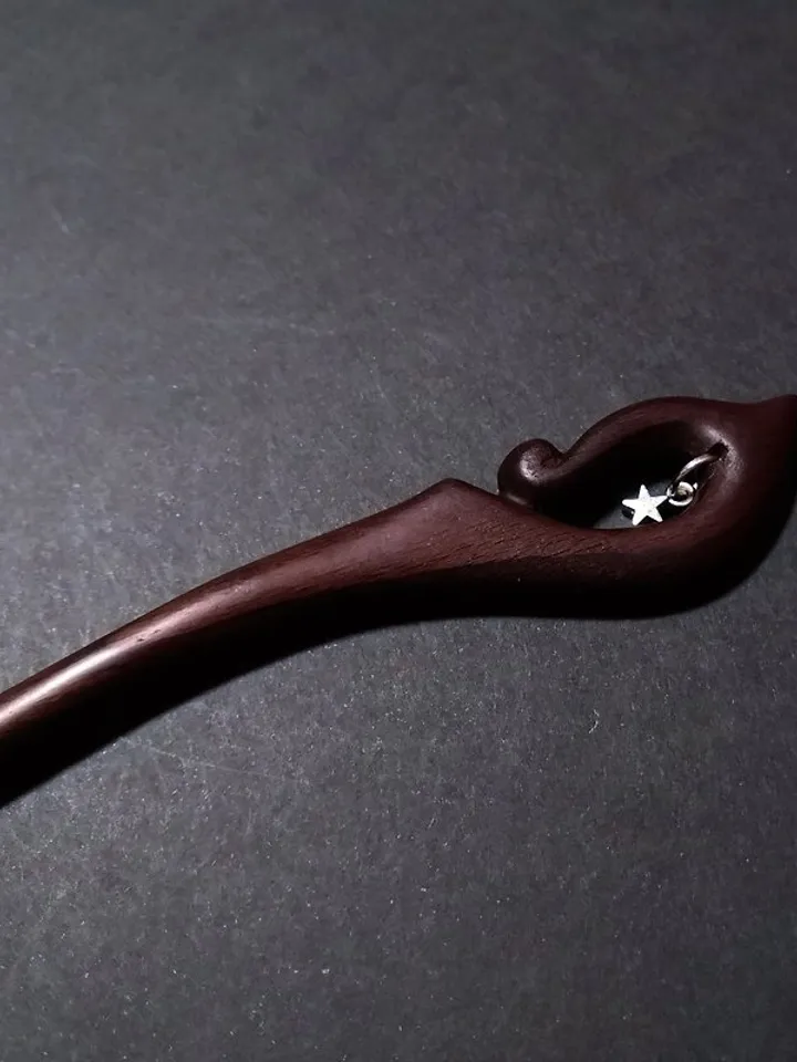 Handmade wooden hairpin made of walnut wood with pendant.