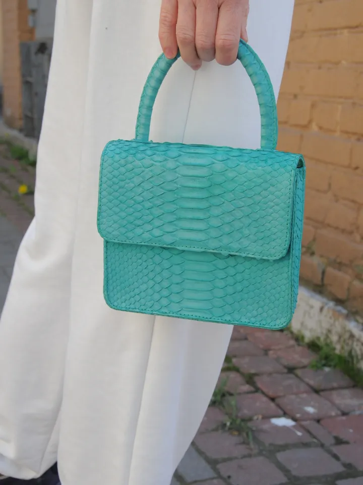 Genuine python skin small cute top handle bag | summer bags | Exotic leather bags | bright turquise hand bag | designer handle womenbag