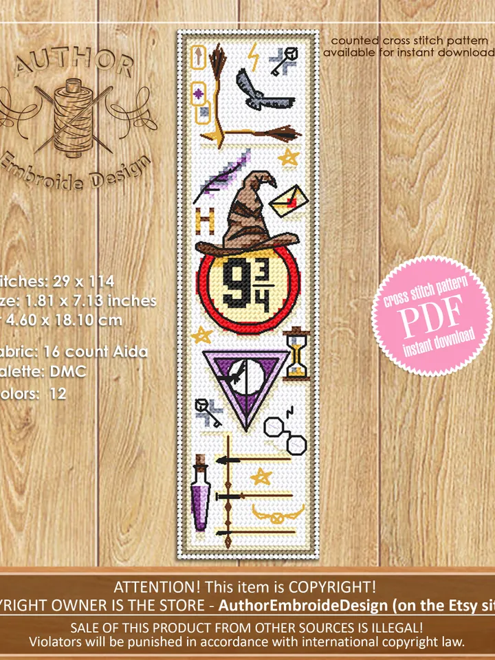 Magic bookmark cross stitch pattern PDF download, Handmade bookmark digital PDF, Wizard hat cross stitch chart, Wizard world Fan art #B124