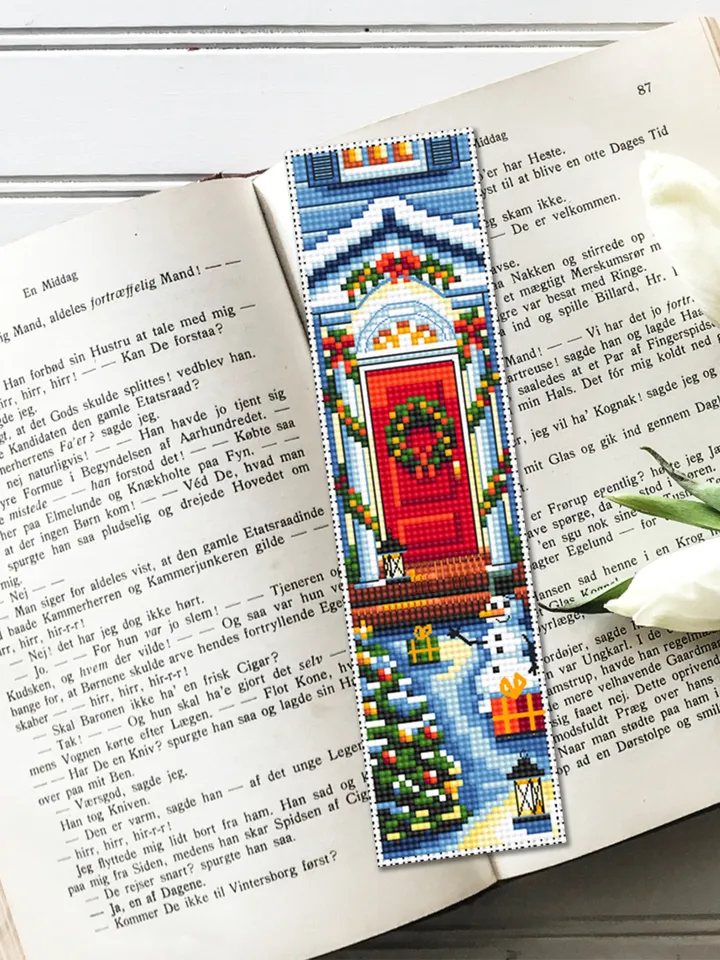 Christmas bookmark cross stitch pattern download PDF Christmas house cross stitch chart, Holiday handmade bookmark, Red door embroidery #B91