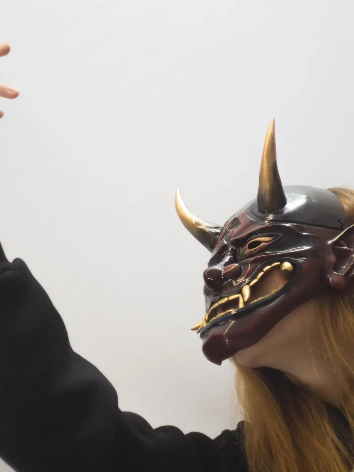 Hannya Mask, Traditional Japanese Hannya Mask, red oni mask, tengu mask, kabuki mask, japanese demon mask, japanese theater, demon mask