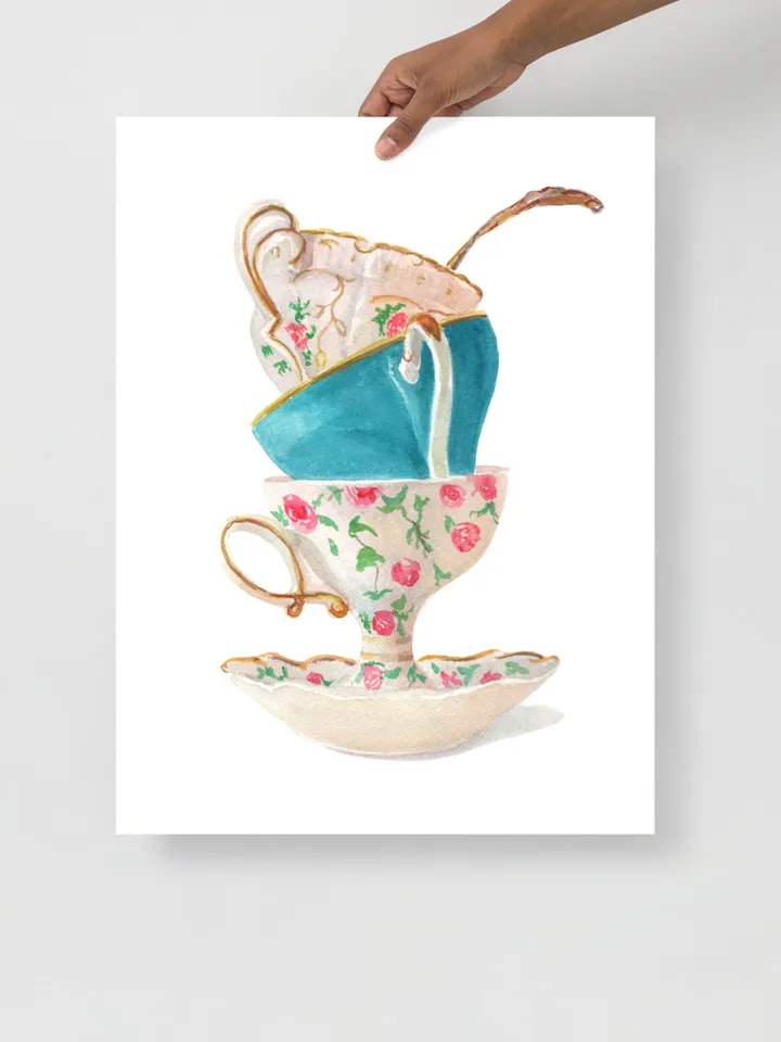 Tea Cups, Kitchen Art Wall Art, Kitchen Wall Decor Vintage Tea Cup Gift For Tea Lovers Tea Party DEecor Living Room Art Tea Wall Giclee